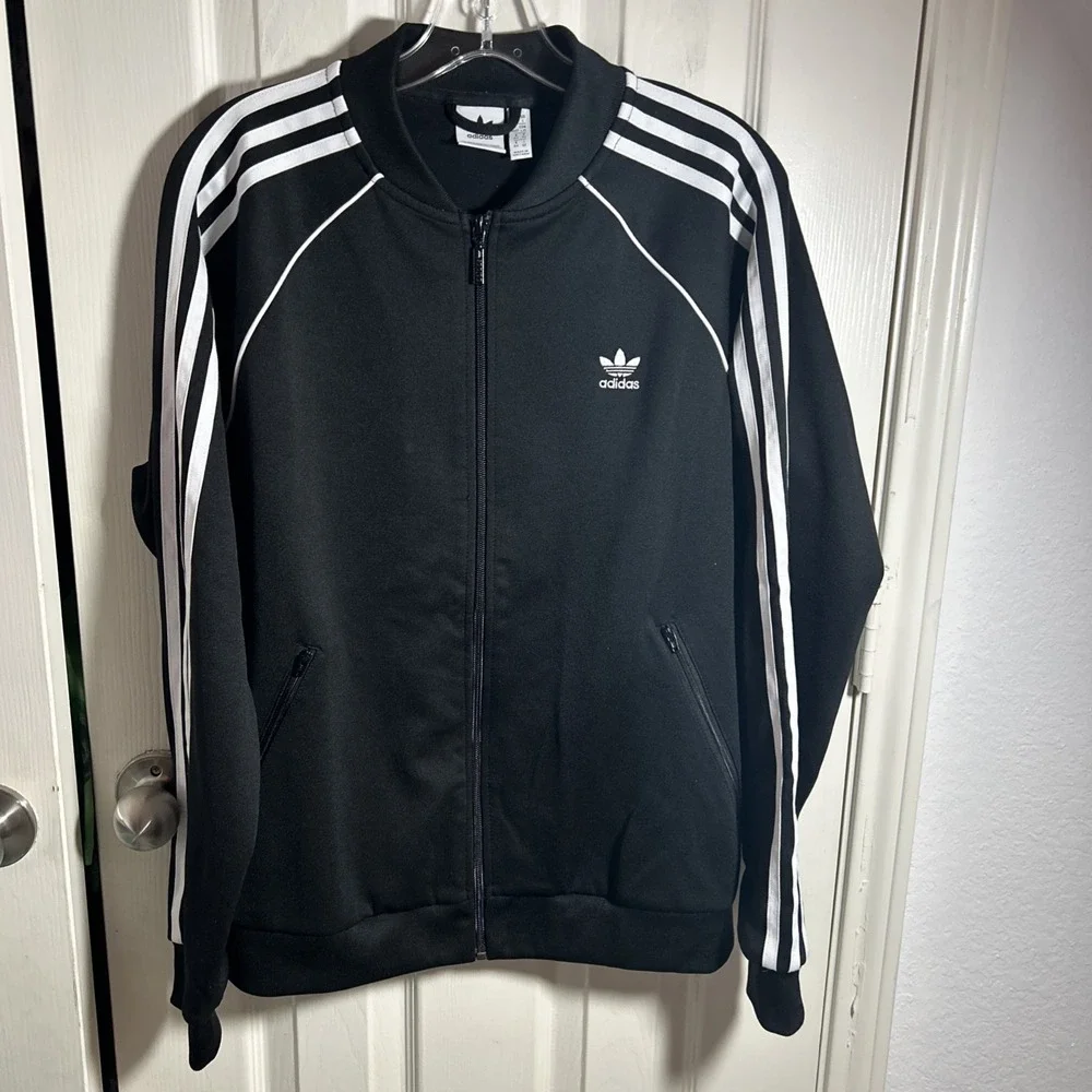Mens L Adidas 3 Stipe Tricot Track Jacket Full Zip Black
